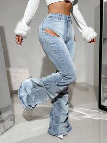 SHEIN ICON Women's Low-Rise Tight Holes Stretch Flared Jeans - Blue - View 3