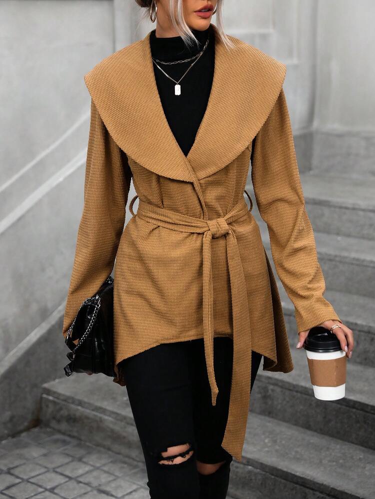 Solid Color Belted Coat With Oversized Lapel