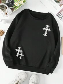 SHEIN Cross Print Drop Sleeve Casual Sweatshirt,Long Sleeve Tops Graduation,Back To School Outfits,Graduation,Teacher Outfits For Women,Back To School Pullover Fall Outfit