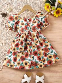 SHEIN Girls' Sunflower Holiday Dress &Bag - Multicolor - View 1