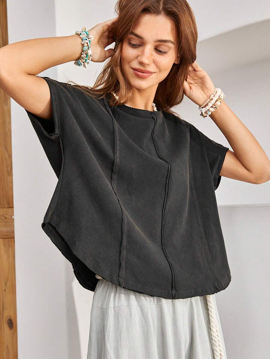 Bohemela 女性實色弧形梯形t恤 - 黑色 - 查看 1