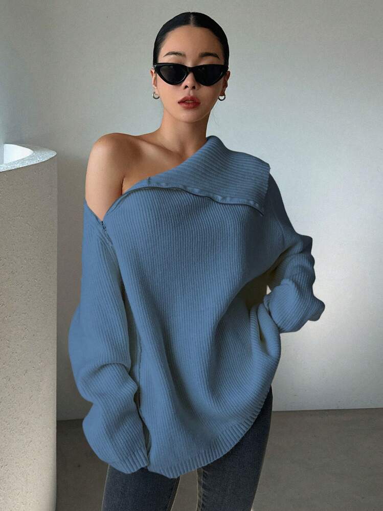 DAZY Asymmetrical Collar Zipper Design Long Sleeve Casual Cardigan,Fall Women Clothes