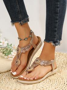 Thoải mái Không trượt Đồ trang trí Rhinestone Của phụ nữ Dép phẳng - Hoa hồng vàng - Xem 5