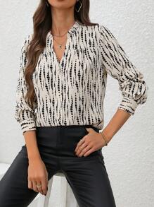 SHEIN Privé All-Over Print Notch Collar Long-Sleeved Shirt - Apricot - View 7