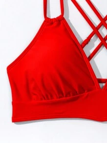 Swim Basics 純色中空細節比基尼泳衣套裝 - 紅色 - 查看 7