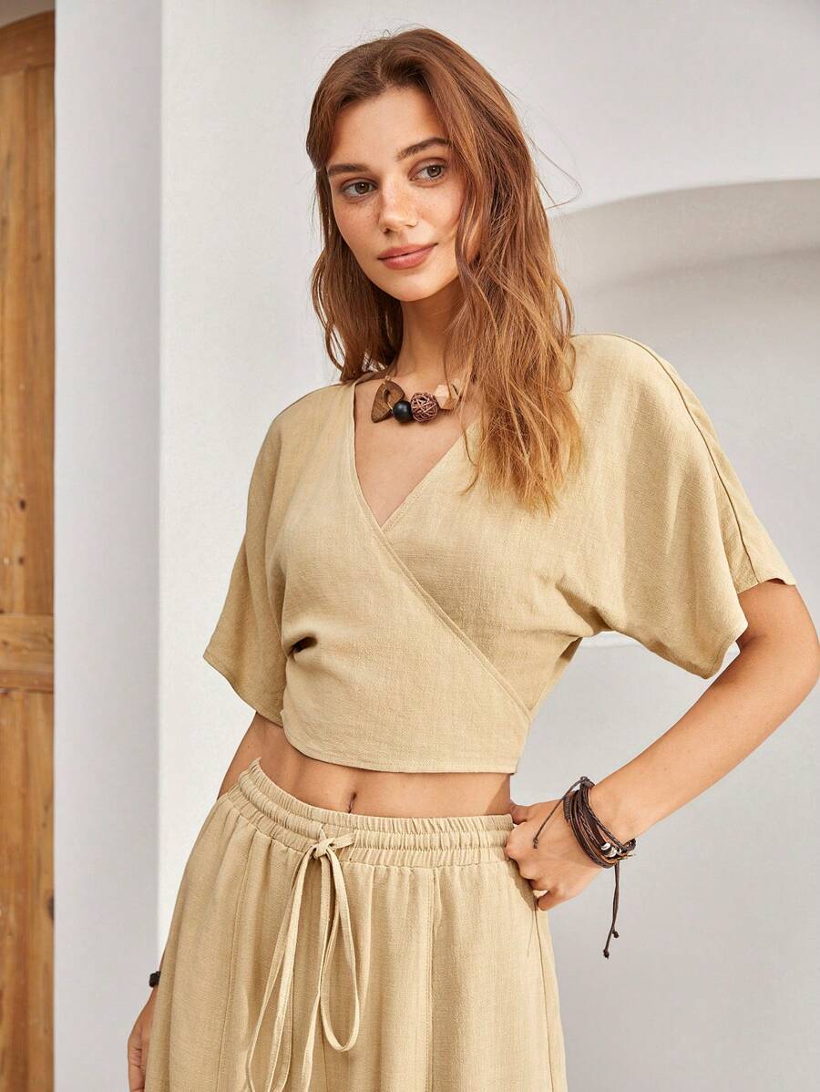 Bohemela 女士連身短袖上衣和短褲套裝 - 杏色 - 查看 1