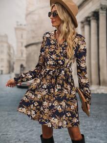 SHEIN Clasi Floral Print Overlap Collar Bishop Sleeve Belted Dress Fall Cloth For Women