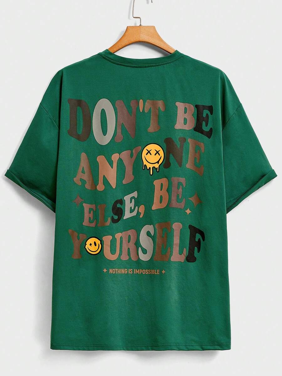 Manfinity RebelGame Men Plus Slogan & Cartoon Face Print Drop Shoulder Tee - Green - View 1