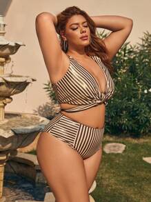 SHEIN Swim Curve Plus Size Striped Twist Front Bikini Set Summer Beach - Multicolor - View 4