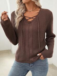 EMERY ROSE 女士系帶前扣式梳肩長袖毛衣 - 棕色 - 查看 3