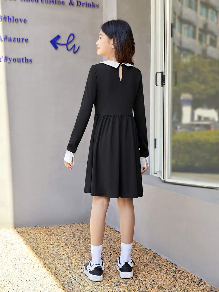 Girls' Knitted Two Tone Collar 2 In 1 Letter Print Casual Dress