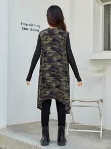 補間女孩迷彩針織寬鬆前開無袖開襟衫 - 軍綠色 - 查看 3