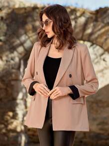 SHEIN LUNE Lapel Neck Double Breasted Blazer - Khaki - View 5