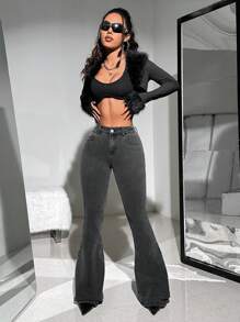 SHEIN ICON Casual Low Waist Slim Fit Flared Jeans With Frayed Hem
