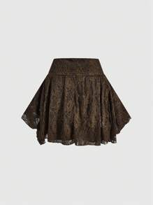 ROMWE Fairycore Versatile Floral Lace Asymmetrical Draping Brown Midi Skirt For Women - Coffee Brown - View 2