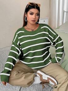 Flirla Plus Size Striped Loose-fit Drop Shoulder Sweater In Minimalist Style - Army Green - View 4