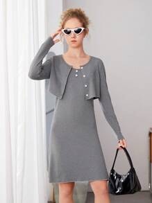 Conjunto De Vestido Y Cárdigan De Punto Corto Para Adolescentes - Gris - Ver 4