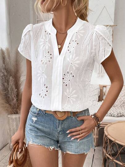 SHEIN Áo sơ mi tay bồng cổ chữ V xẻ tà dành cho nữ, áo tay ngắn