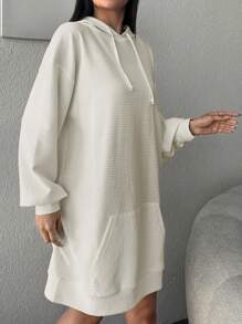 EURMUSE Kangaroo Pocket Drop Shoulder Drawstring Hooded Sweatshirt Dress - White - View 4
