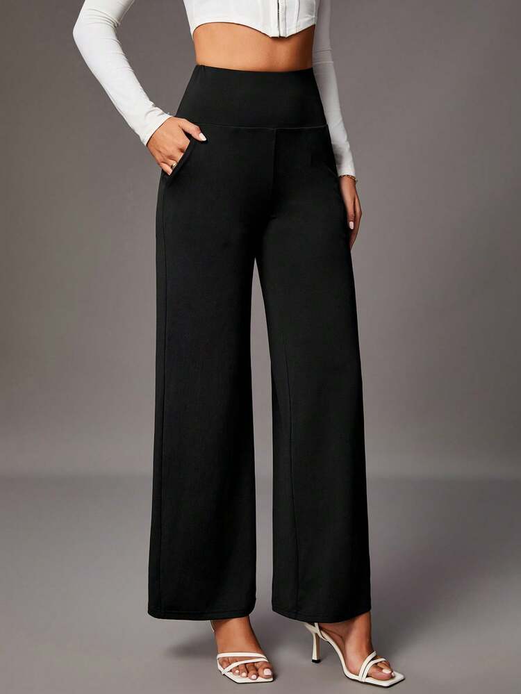 SHEIN Tall 純色高腰直筒褲 - 黑色 - 查看 4