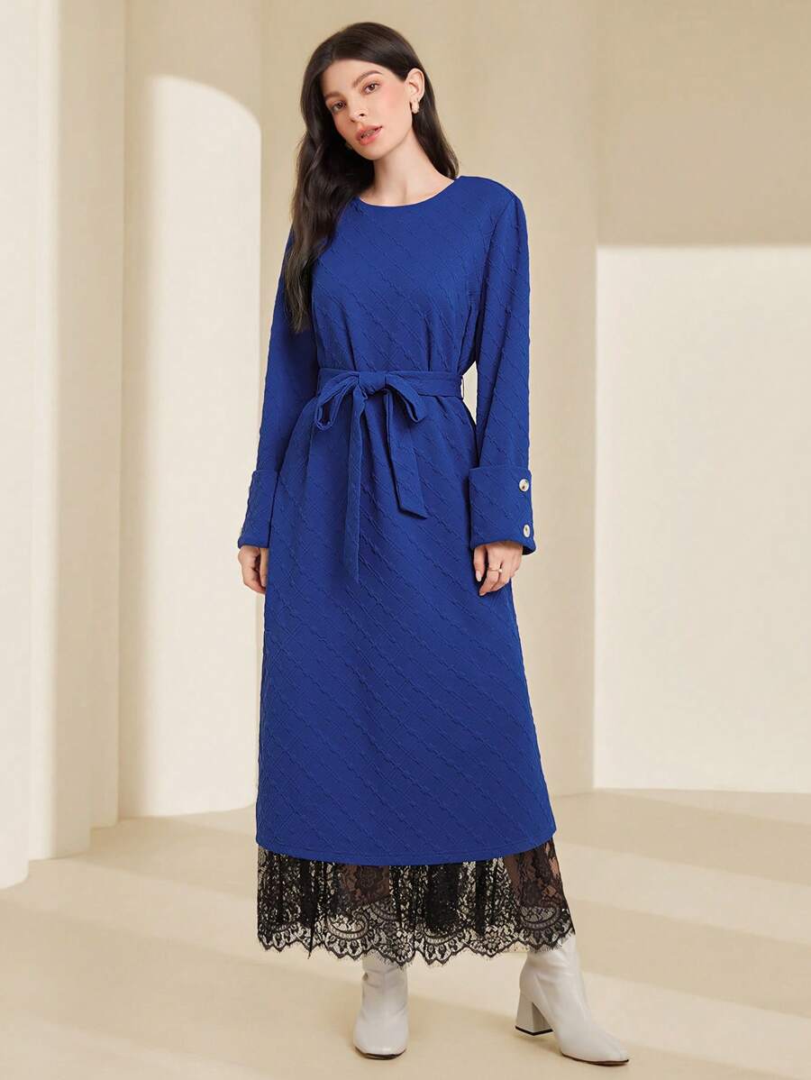 Seusyu Vestido Feminino Azul Com Decote Redondo E Cinto - Azul - Ver 1