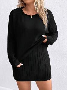 SHEIN LUNE Plus Size Solid Color Sweater Set - Black - View 6