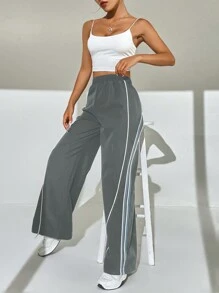 SHEIN EZwear 撞色條紋捲邊長褲 - 灰色 - 查看 6