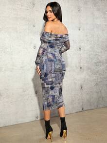 SHEIN 孕婦拼接印花露肩修身連衣裙,長袖和臀部包覆 - 藍色 - 查看 2