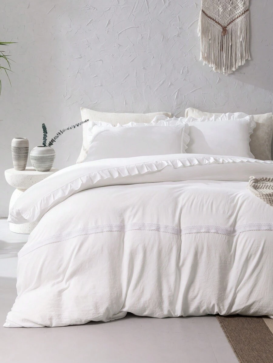 3pcs Solid Color Hemstitched Bedspread Set With White Lace Edge, Synthetic Fiber Surface - Beige - View 1