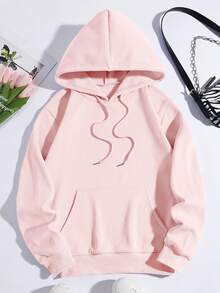 SHEIN EZwear 有帽休閒印花連帽衫 - 粉色 - 查看 2