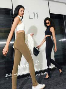 GLOWMODE 31" FeatherFit™-Sculpt Tummy Control Front Slit Leggings - Khaki - View 6