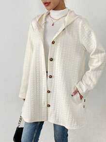 SHEIN Essnce Cable Knit Button Up Hooded Jacket - Beige - View 3