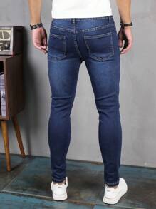 EGENSIO Jeans ajustados de algodón para hombre con diseño de bigote de gato, jeans azul oscuro de corte slim fit de lavado oscuro, jeans cargo lavados, para regalos de esposo o novio - Azul lavado oscuro - Ver 2