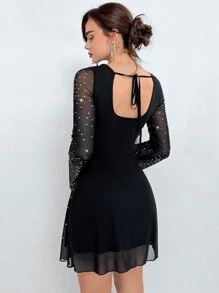 SHEIN Privé 鑲珠及網眼拼接喇叭袖連衣裙 - 黑色 - 查看 2