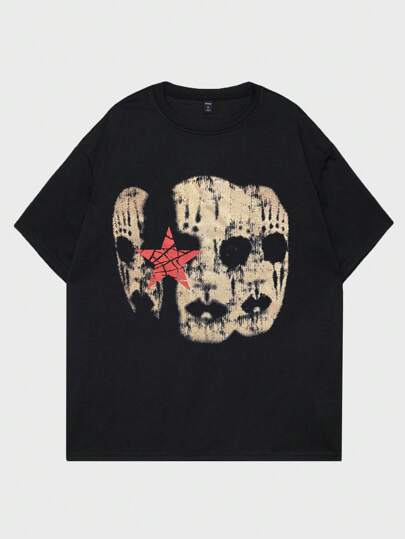 Goth Camiseta de manga corta con estampado de cara y estrellas Y2K para hombre, escuela