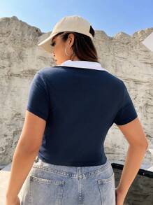 SHEIN EZwear Plus Size Color Block Crop T-Shirt With Contrast Collar, Summer