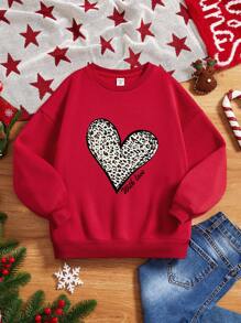 SHEIN Cô gái Tween 1 Miếng In trái tim & Da báo Lót nhiệt Áo chui đầu - Đỏ - Xem 1