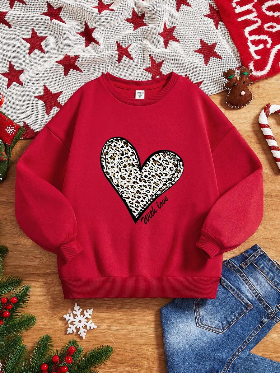 SHEIN Cô gái Tween 1 Miếng In trái tim & Da báo Lót nhiệt Áo chui đầu - Đỏ - Xem 1