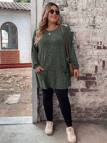 SHEIN LUNE 大尺寸雙口袋長袖 T 卹 - 墨綠色 - 查看 4