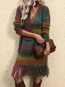 SHEIN LUNE 女士漸變色流蘇邊針織毛衣連衣裙 - 彩色 - 查看 1