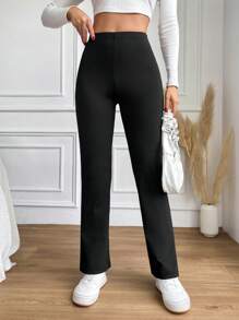 EURMUSE Leggings Acampanados De Cintura Alta De Color Sólido - Negro - Ver 2
