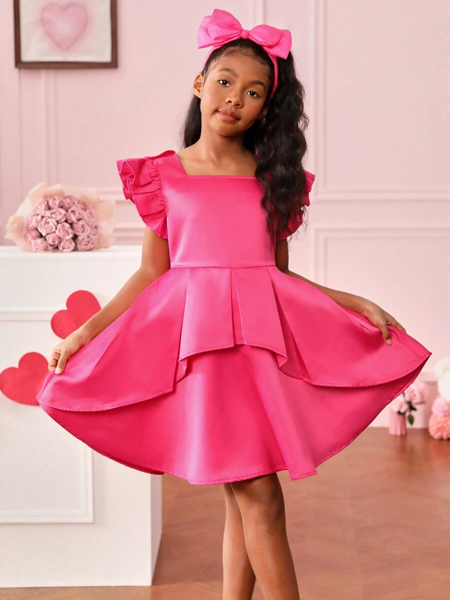 Vestido De Manga Corta Con Dobladillo Con Volantes De Color Liso Para Niña - Rosa Fucsia - Ver 1