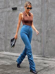 SHEIN Essnce Women's Denim Pants With Folded Hem - Medium Wash - View 1
