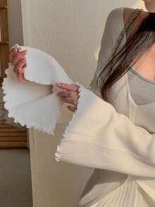 DAZY V-neck Split Hem Long Sleeve Sweater - White - View 7