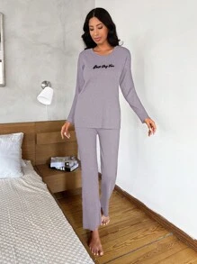 EURMUSE Women's Home Wear Set, Long-sleeved T-shirt + Trousers - Purple - View 5