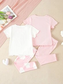 Top cu mânecă scurtă imprimat pentru fetiță drăguță, pantaloni lungi cu model de nor și culoare solidă Set de îmbrăcăminte pentru casă
