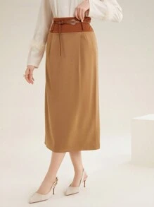 Mulvari 拼色直筒裙 - 駝色 - 查看 3