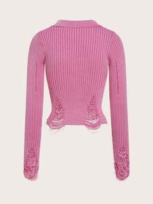 SHEIN ICON Áo len cardigan xẻ gấu rách cho nữ - Hồng - Xem 2