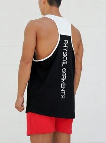 Manfinity Fitness 男士字母印花色塊運動背心，運動上衣 - 黑色 - 查看 3