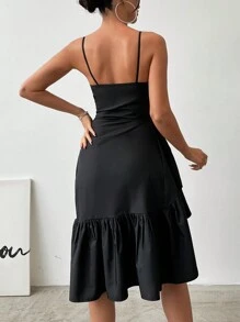 SHEIN Cottnline Asymmetrical Hemline Dress With Ruffle Trim And Spaghetti Strap For Cocktail Party - Black - View 2